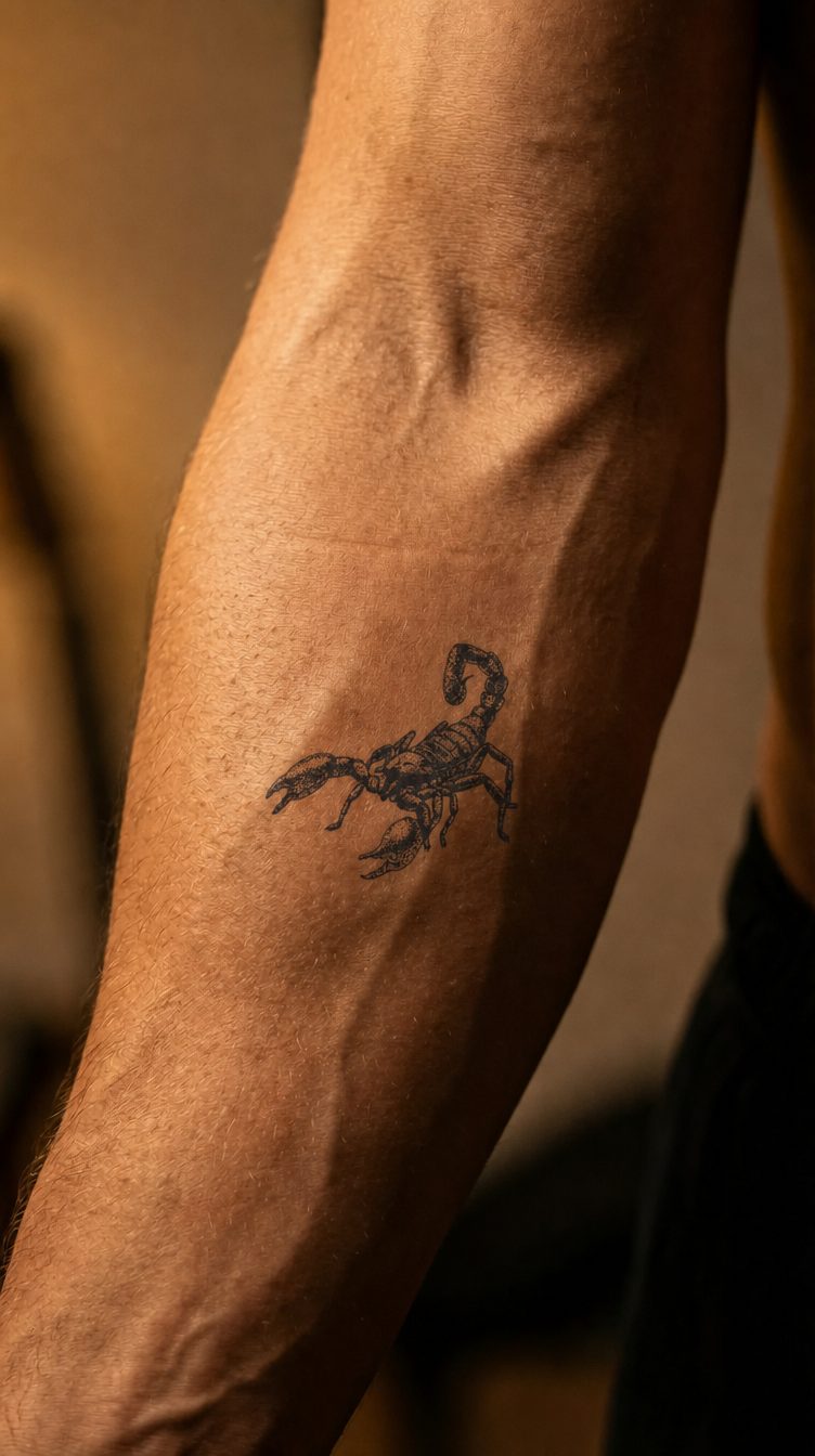 Tatuaj temporar Scorpion aplicat pe piele, exemplu de model mic în stil ilustrativ
