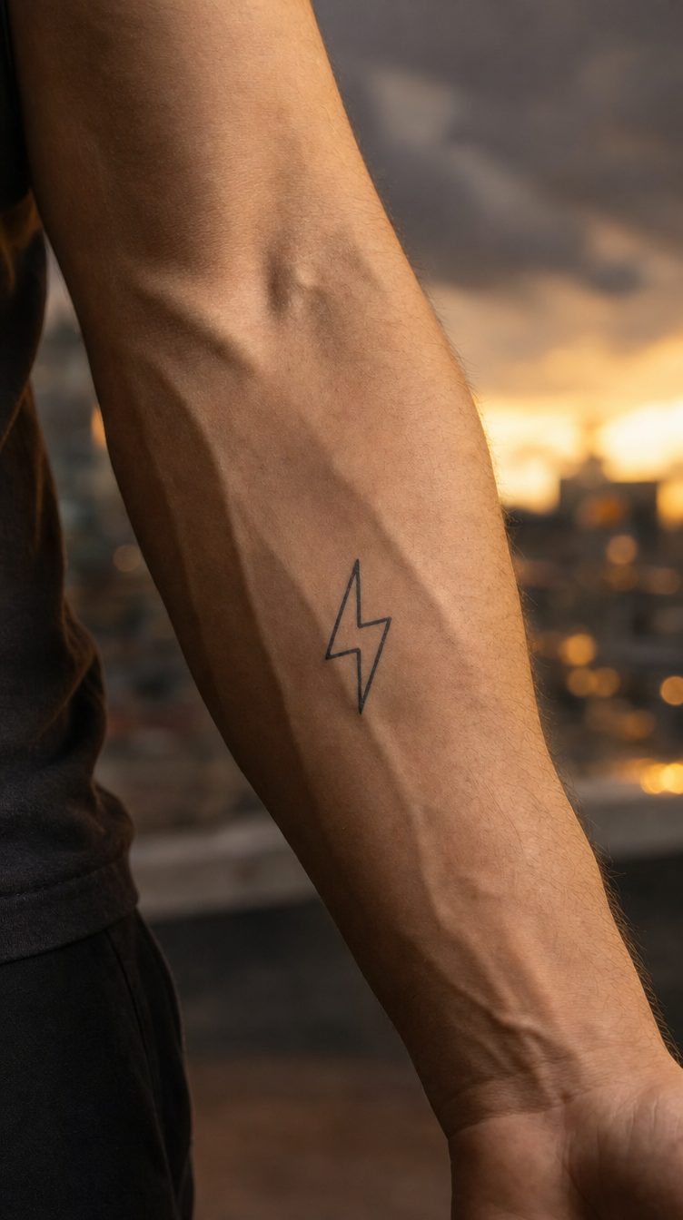 Designul minimalist Fulger, aplicat pe piele ca tatuaj temporar