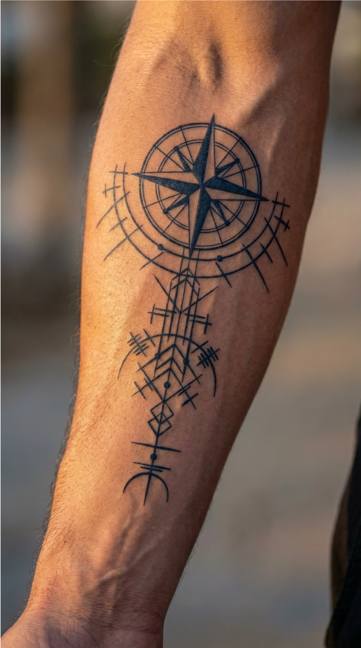 Tatuaj temporar geometric cu Kompass, aplicat pe antebraț